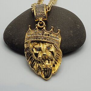 Gold Plated Stainless Steel King Crown Lion Head Ice Necklace Iced Jewelry
